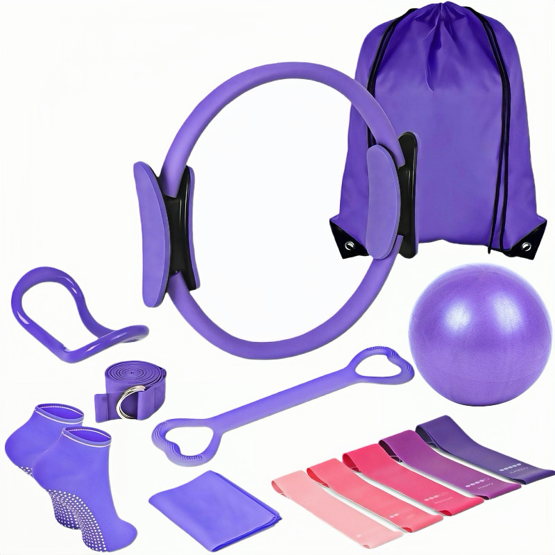 Pilates cirkel i sju delar, set i fem delar, yogaboll, yogaring, stretchbälte, spänningsbälte, yogastrumpor, fitnessset 13 delar