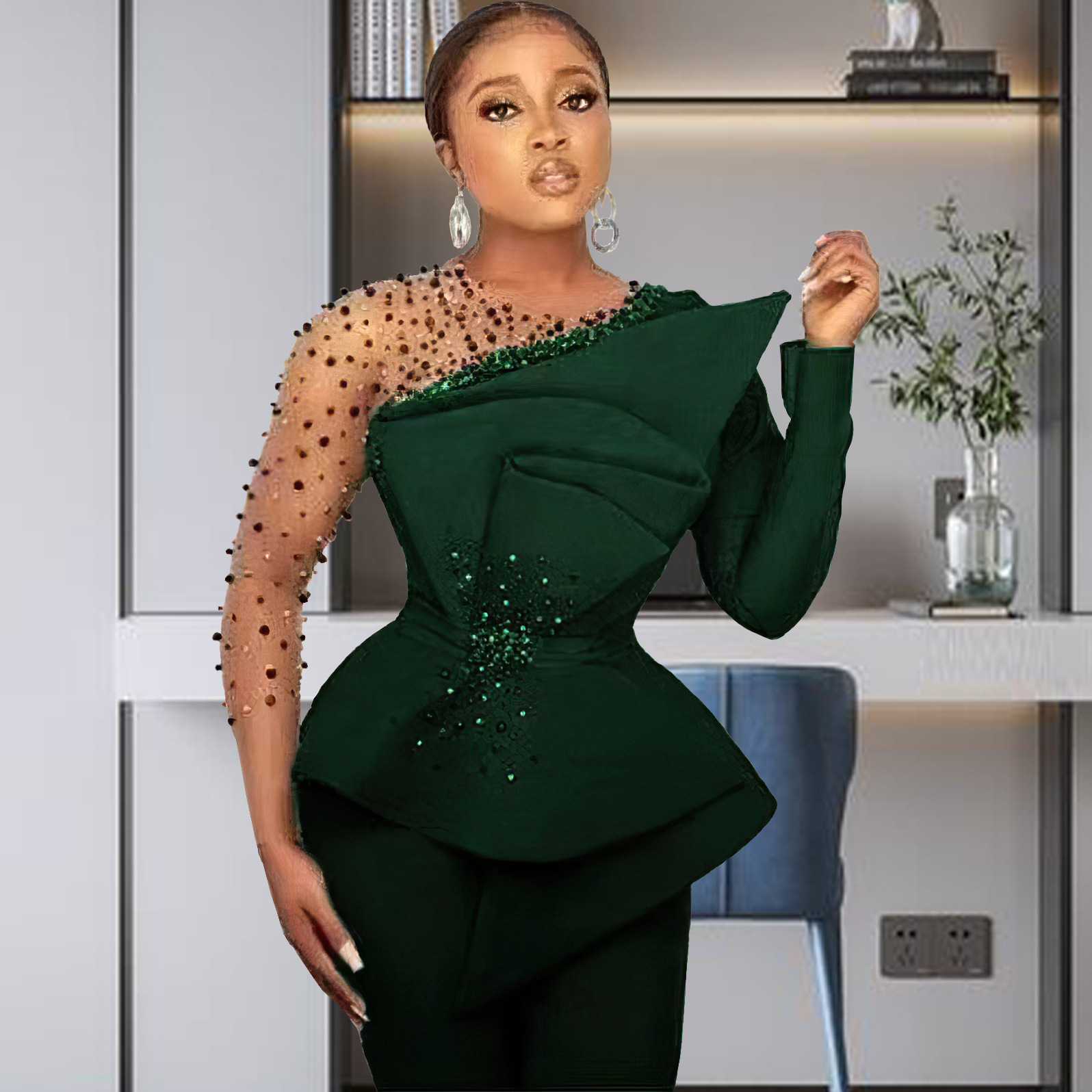 Completo pantalone donna taglie forti con dettagli in mesh e perle_voghion.com