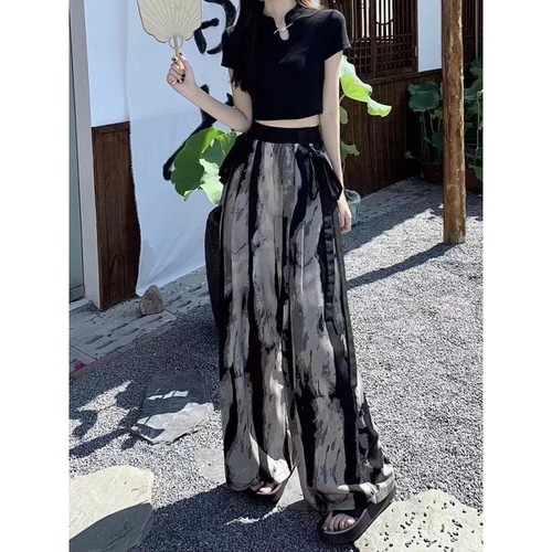 New National Style Ice Silk Chiffon Wide Leg Pants for Women - Summer Ink Painting Casual Pants with Fringe Draping Effect - High-Waisted Straight Leg Pants
