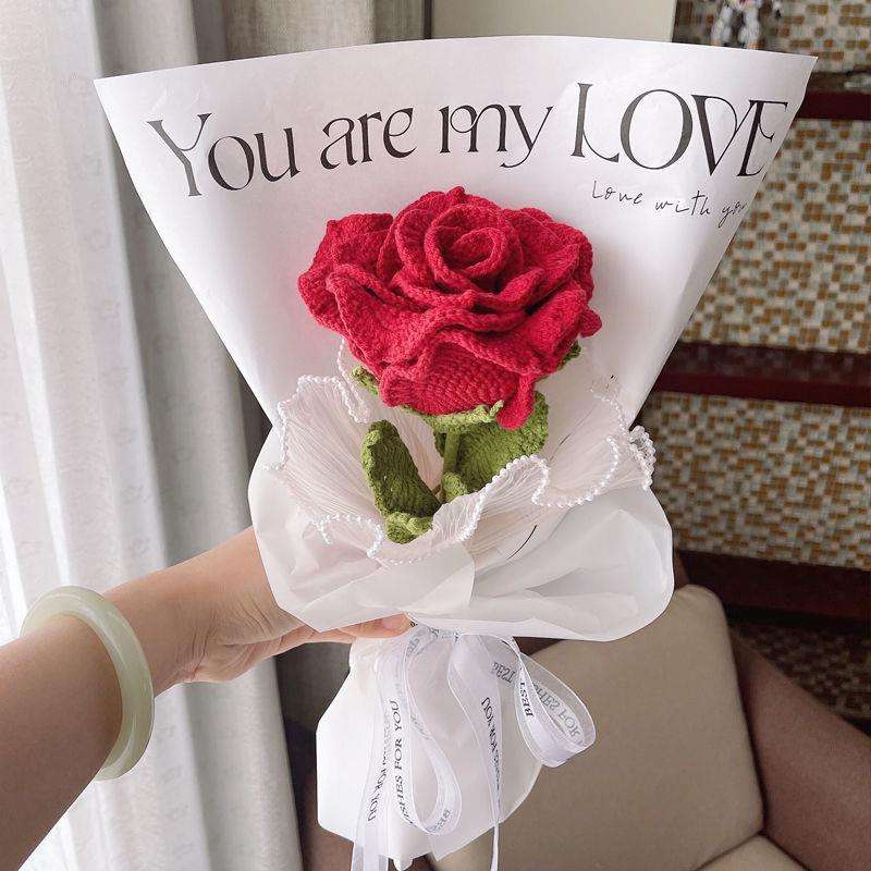 玫瑰花钩织材料包手工编织diy蓝色制作红色勾线玫瑰花针织材料包