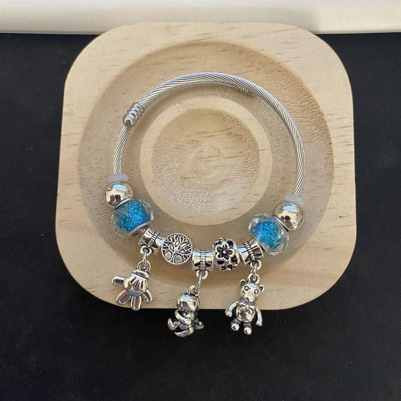 Pulsera de Acero Inoxidable Panjia Dora con Corazón y Oso, Pulsera Abierta con Cuentas para DIY, Joyería de Estilo Fresco, Éxito de Ventas en Amazon