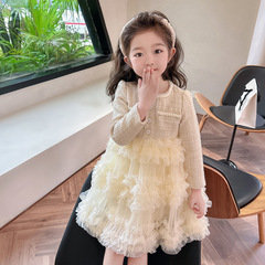 兒童小香風連衣裙春秋女童韓版洋氣蕾絲超仙蛋糕裙寶寶時尚公主裙