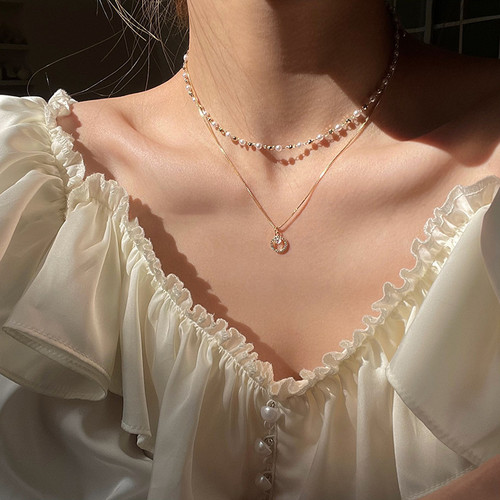 Cool Wind Double Pearl Ring Pendant Necklace for Women, Lockchain, Summer Korean Style Fashion Simple Accessory, Elegant Choker