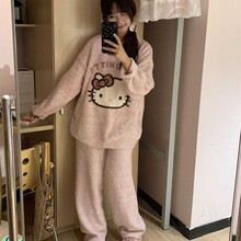 新款甜美加厚半边绒睡衣女秋冬款圆领卡通印花休闲家居服套装ins