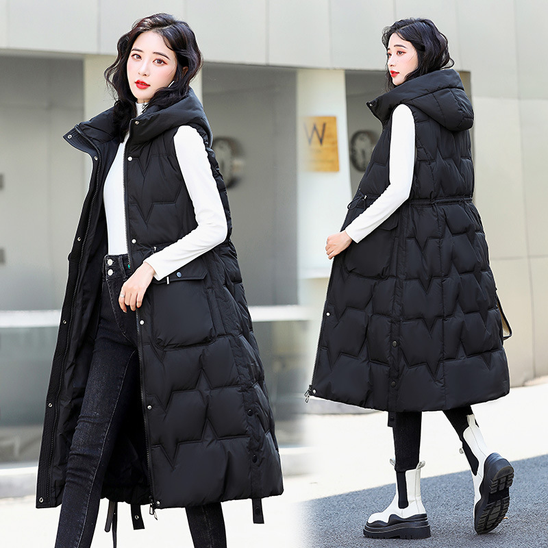 Cross-Border Large Size Long Over-The-Knee down Cotton Vest Thickened Vest Hooded Autumn and Winter Sleeveless Jacket Thickened Vest for Women