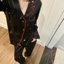 睡衣女春秋新款法式翻领星星刺绣冰丝绸长袖长裤家居服套装高级感