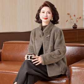 妈妈冬装加绒加厚水貂绒棉服外套中老年女装秋冬时尚翻领毛呢大衣