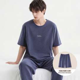 春夏新款纯棉男短袖短裤长裤套头三件套睡衣休闲男家居服图片色