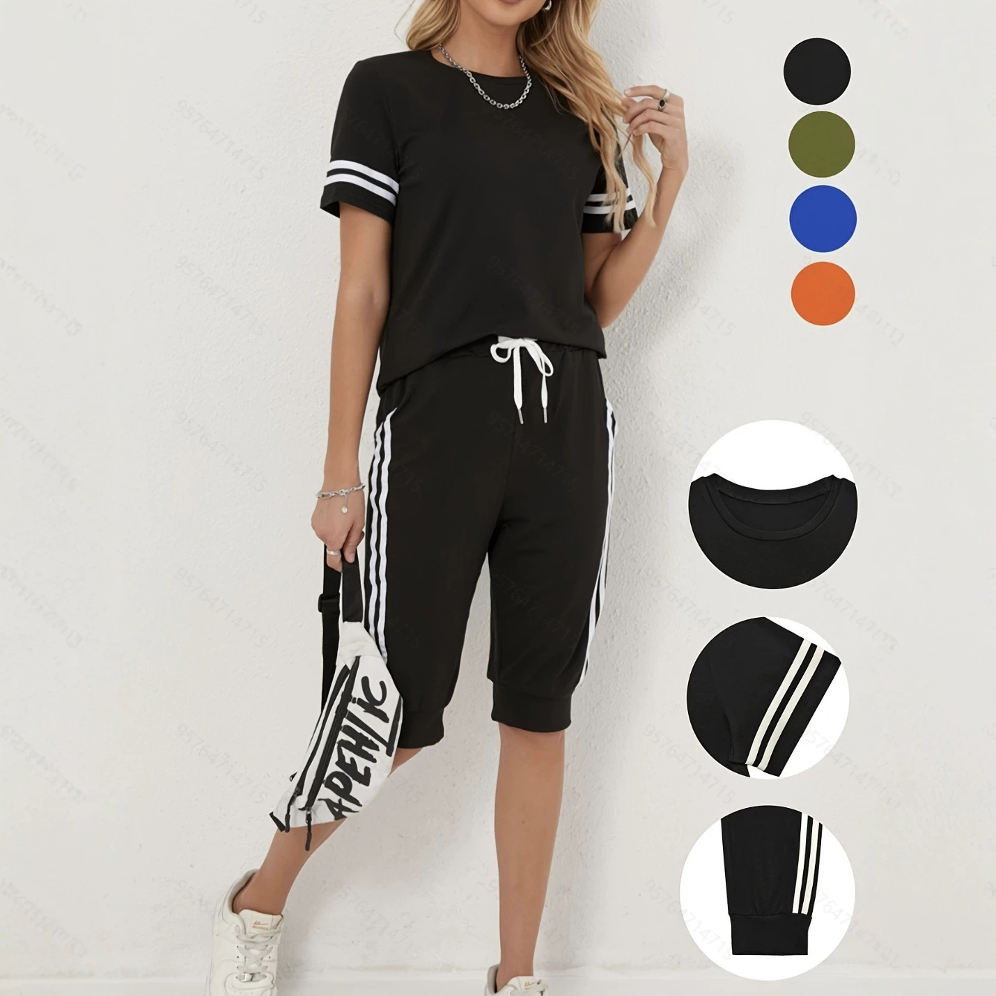 Summer Women's Casual Sportswear Set Short Sleeved Patchwork Shorts Two Piece Outfit Color Blocking Available_ecoleips.com