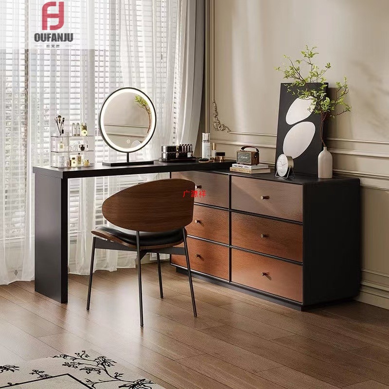 Solid Wood Dressing Table, Antique Style Retractable Dressing Table, Cupboard, Integrated Bedroom Bedside Storage Cabinet, Walnut Dressing Table