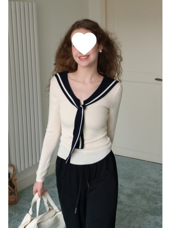 EGGKA海军领绑带修身针织背心外穿女夏韩系显瘦气质甜美无袖上衣|undefined
