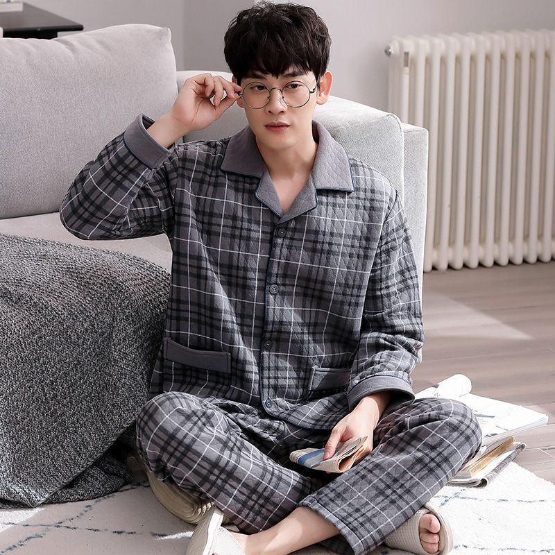 Pijamas de algodón puro primavera y otoño para hombres 2024 nuevo estilo grueso de manga larga aire algodón ropa a domicilio otoño e invierno sándwich acolchado