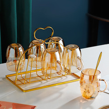 轻奢玻璃杯家用待客彩色杯子套装带把手加厚耐高温茶杯客厅喝水杯