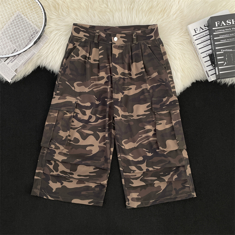 American-Style Vintage Camouflage Multi-Pocket Cargo Shorts for Men, Summer Loose Straight Wide-Leg Pleated Casual Cropped Pants