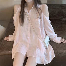 衬衫女夏季薄新款2026年设计感小众露肩长袖服上衣条纹衬衣