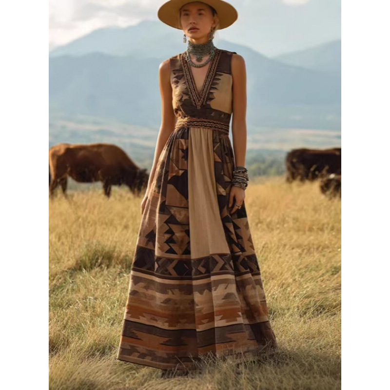 2026 Spring New Style Retro Western Aztec Geometric Pattern V-Neck Sleeveless Long Dress 2026 Spring New Style Retro Western Aztec Geometric Pattern V-Neck Sleeveless Long Dress