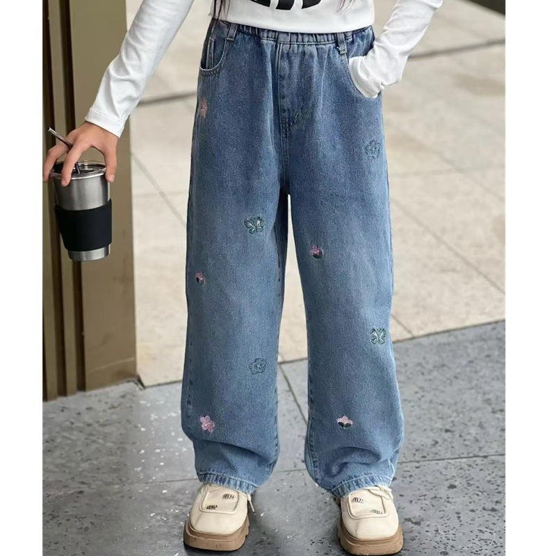 女の子のワークジーンズ春と秋の新しい工場子供服卸売中型および大型子供用ストレートレッグルーズワイドレッグ子供用ズボン|undefined