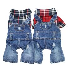Dog Cat Denim Plaid Jumpsuit Hoodie Pet Puppy Jean Jacket Sp