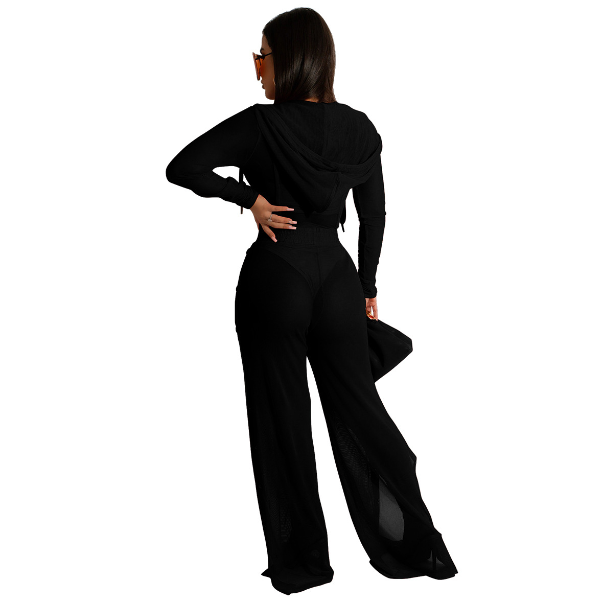 Solid Color long-sleeved square neck Perspective Wide Leg Pants three-piece Set  NSMYF117802