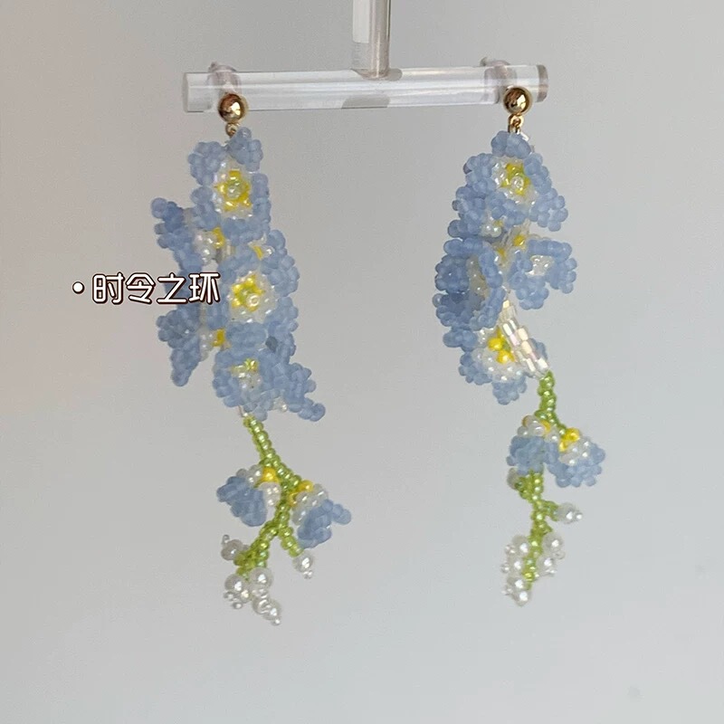 Oil Painting Gentle Flower Book Beaded Blue Monet Garden Earrings Silver Needle Art Earrings for Square and Round Faces Without Pierced Ears