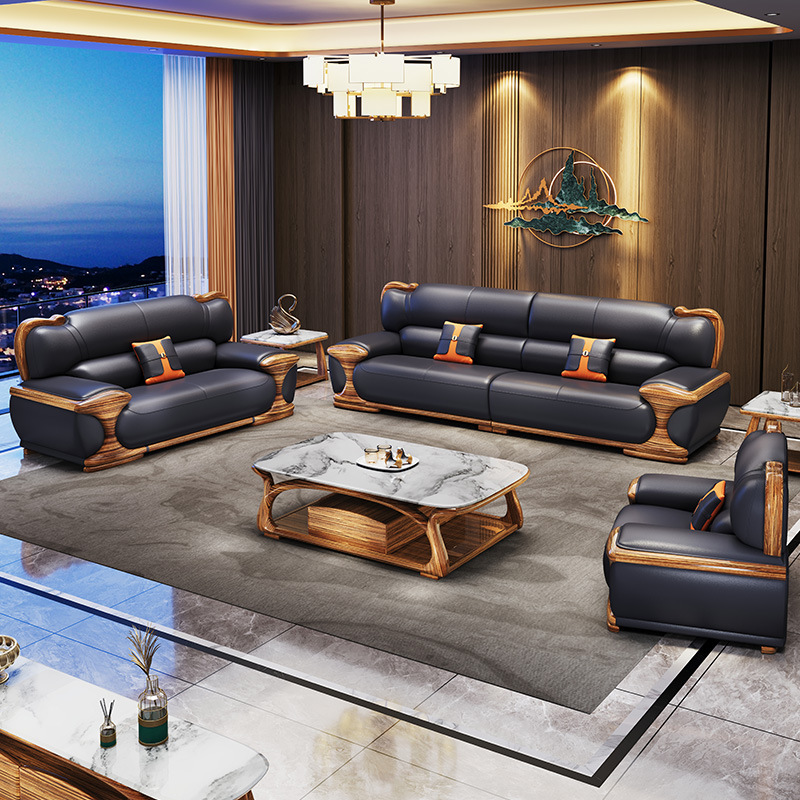 New Chinese Style Ebony Wood First Layer Cowhide Sofa Modern Solid Wood Living Room Large Luxury Villa Leather Combination