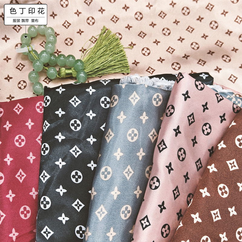 In stock satin printed fabric polyester printed clothing lining silk scarf ribbon headwear sunscreen scarf fabric