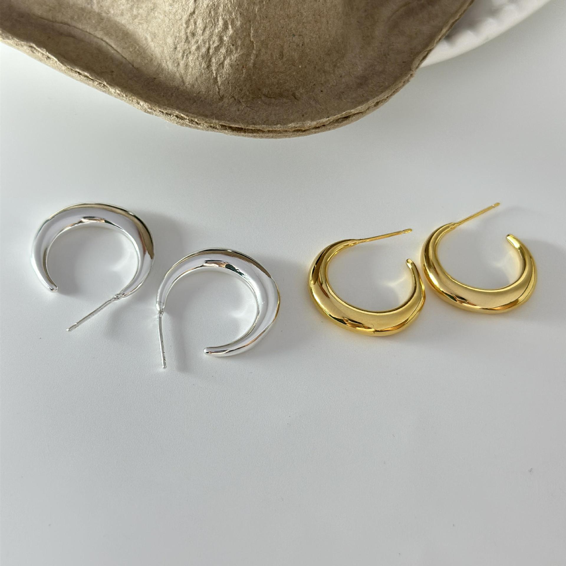 Cold Scenery Face Metal Crescent Ring Earrings Niche Design Basic Jewelry Daily Joker Commuter Earrings