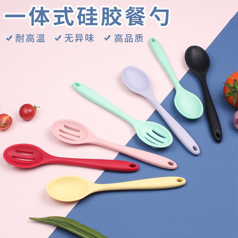 Cuchara de silicona integrada cuidadosamente seleccionada, espumadera de silicona de grado alimenticio, cuchara de cocina de malla fina, cuchara para mezclar ensaladas.