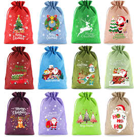 亚马逊热卖20*30cm圣诞麻布束口袋圣诞节平安夜苹果袋抽绳礼品袋