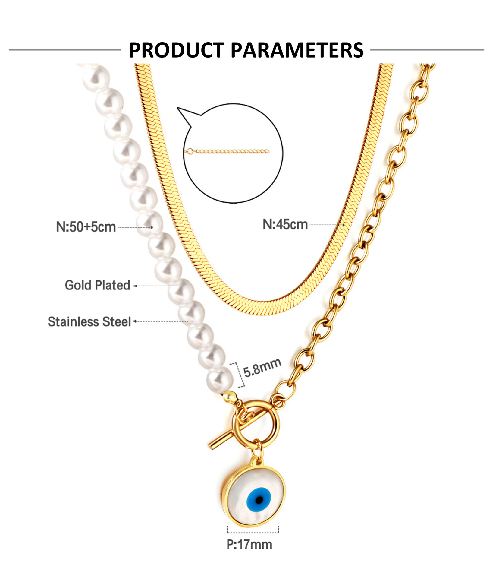 Retro Round Letter Devilu0027S Eye Stainless Steel Inlay Artificial Pearls Necklace