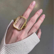法式复古时尚方形方糖天然石水晶戒指夸张个性真空镀金高级感指环