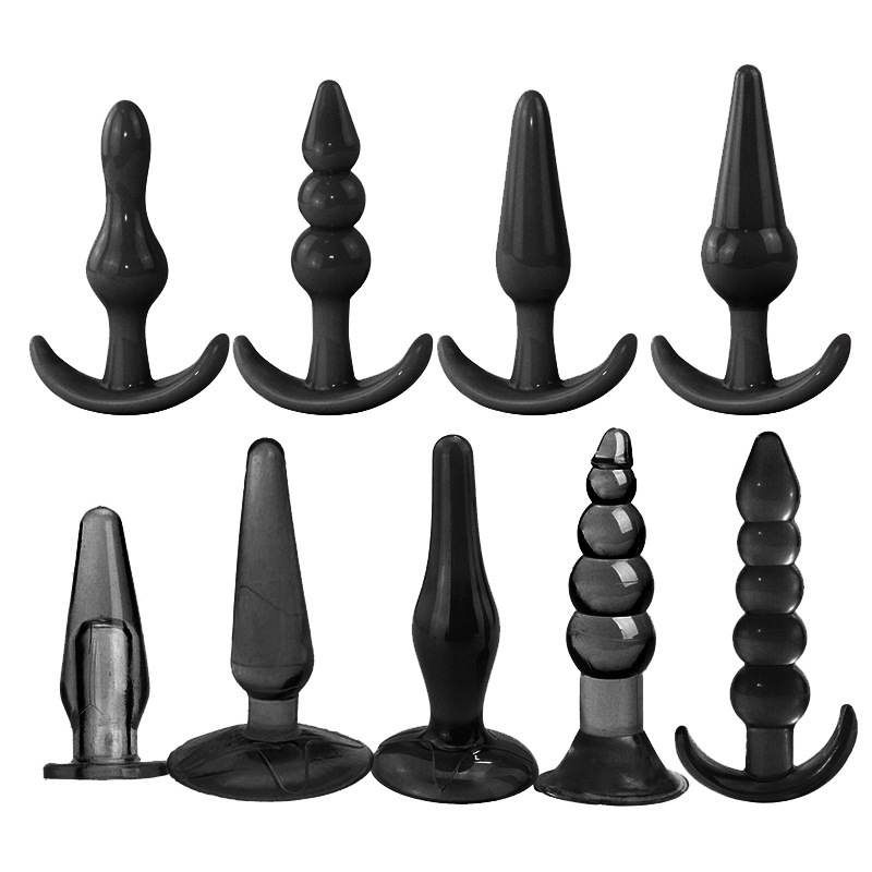 Silicone Anal Beads and Metal Plug Finger Set with Ring, Pink or Purple — detail image 3