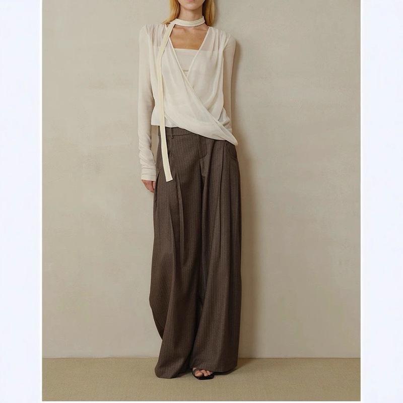 Someone Layered Mesh Faux Two-Piece Velvet Halter Wool Knit Top + Suit Pants Winter Commute Drape Effect
