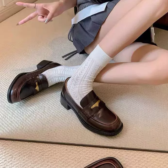 复古乐福鞋女2025新一脚蹬粗跟圆头单鞋百搭英伦风小皮鞋