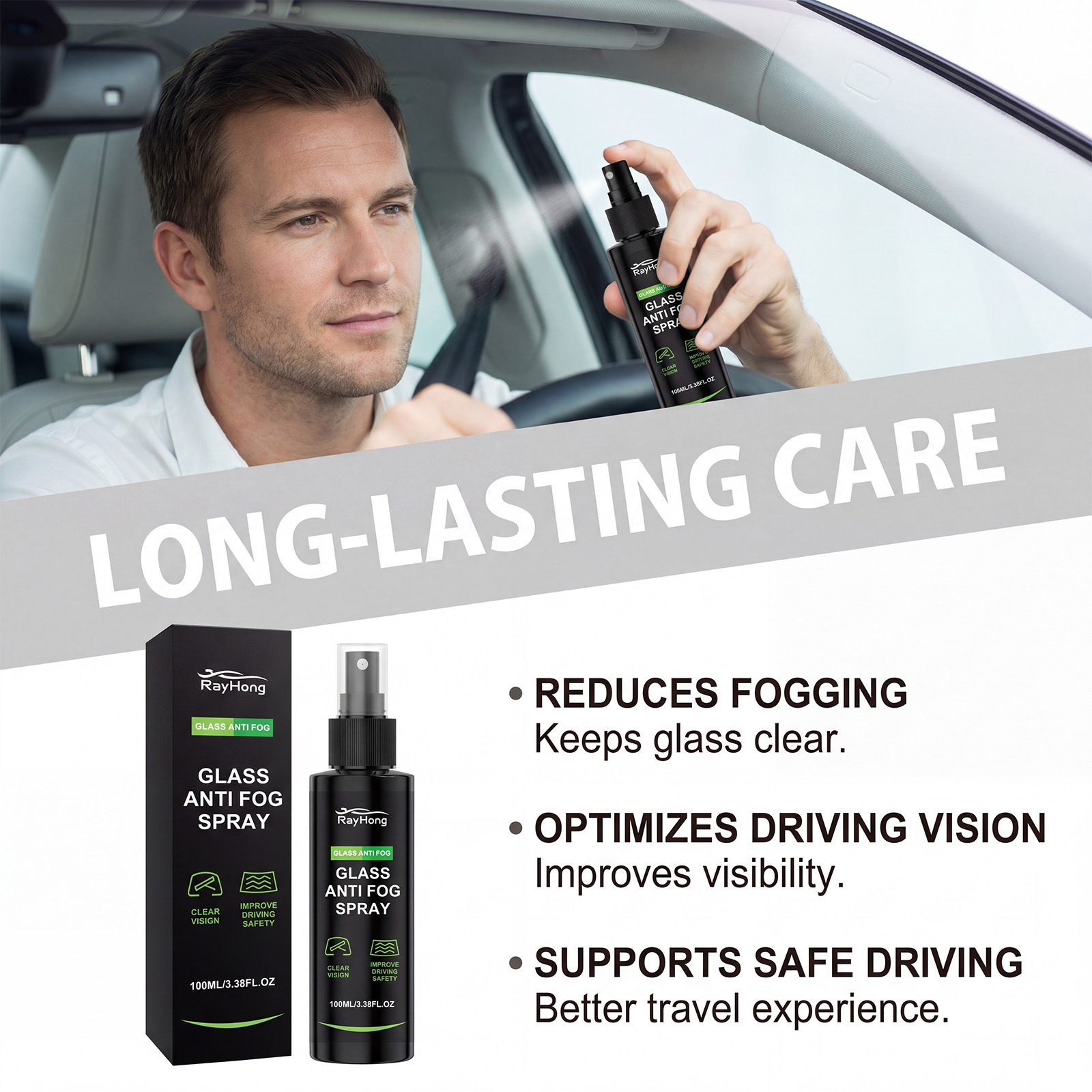 Rayhong Car Glass Anti-Fog Spray, Anti-Fogging Agent for Car Windows, Clear Vision Care Agent for Rearview Mirrors