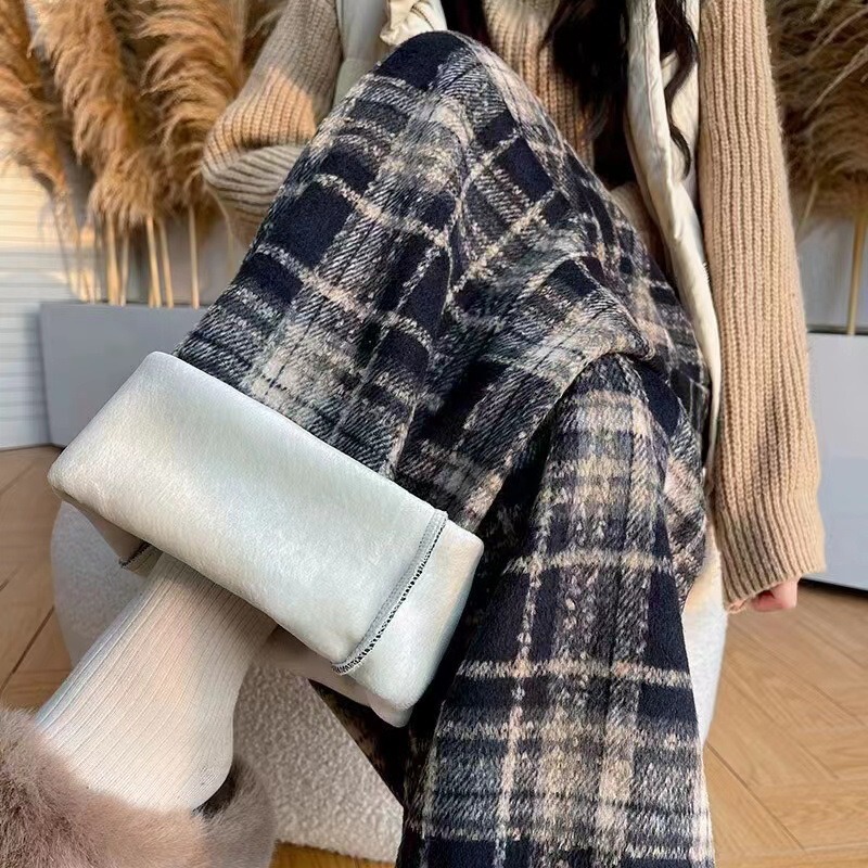 Retro plaid pants women's winter warm thickened loose straight pants fleece-lined pants casual pants woolen wide-leg pants