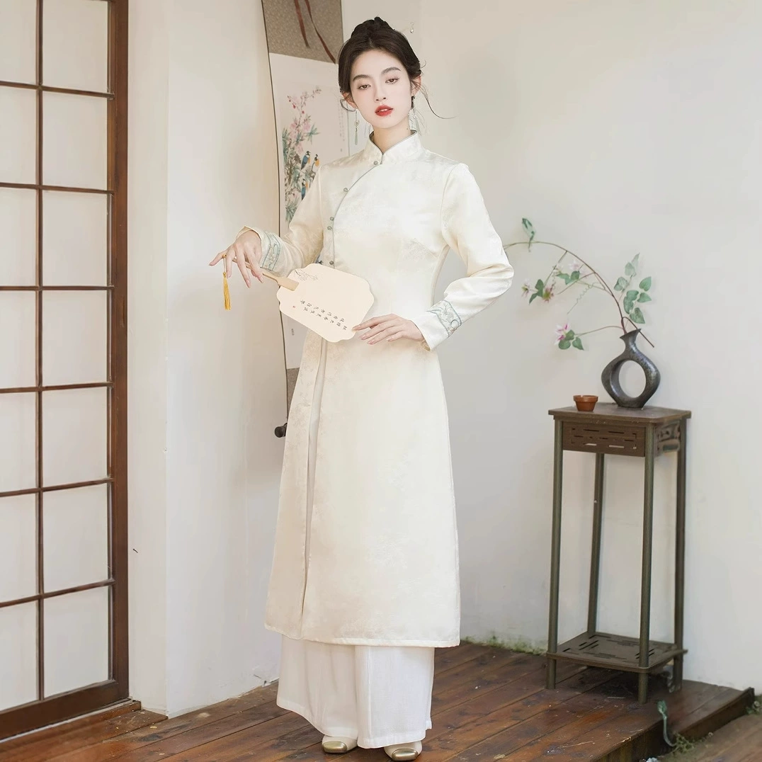 Осенний новый китайский стиль ретро вышитый чай дзен костюм длинный чонсам юбка широкий брюки национальный стиль улучшенный костюм династии Тан