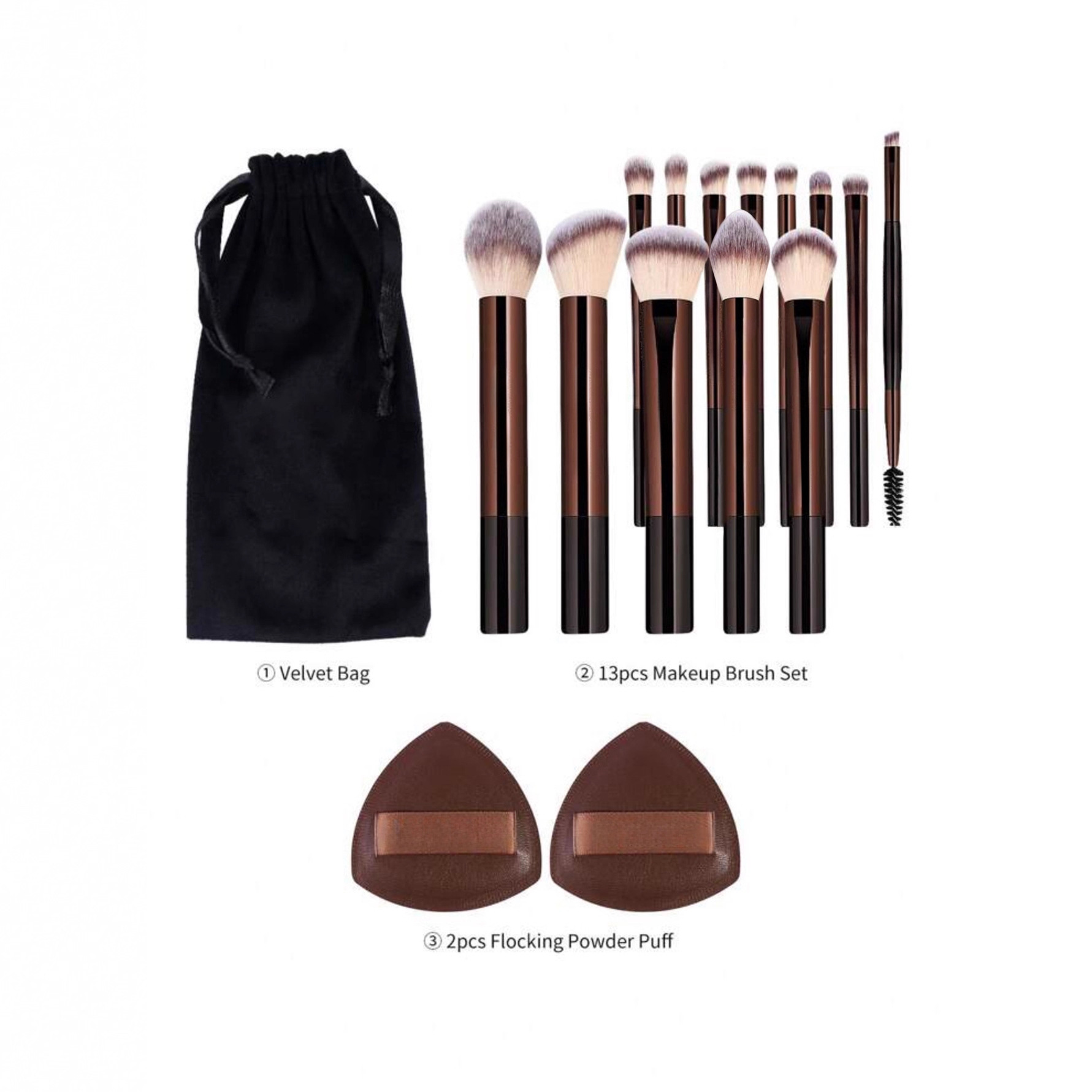 Nuevo conjunto de cepillo de maquillaje transfronterizo de 13 tubos de aluminio marrón + bolsa de tela + 2 triángulos marrones + caja