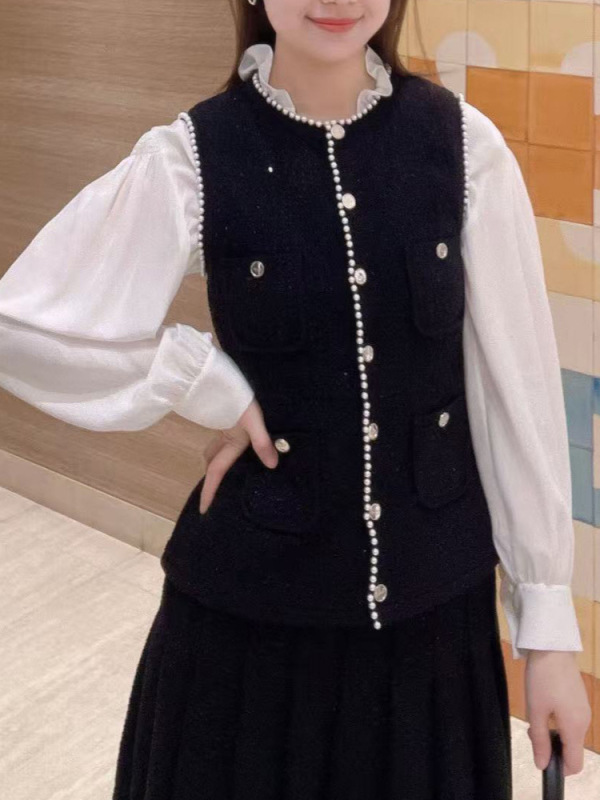 S家优雅气质高端女装2025秋季法式优雅风钉珠针织衫马甲上衣+半裙|undefined