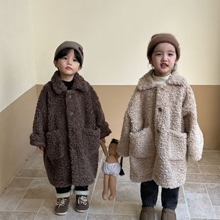 Children's fur thick coat boys and girls mid-length thickened fur integrated 2023 new autumn and winter baby coat
