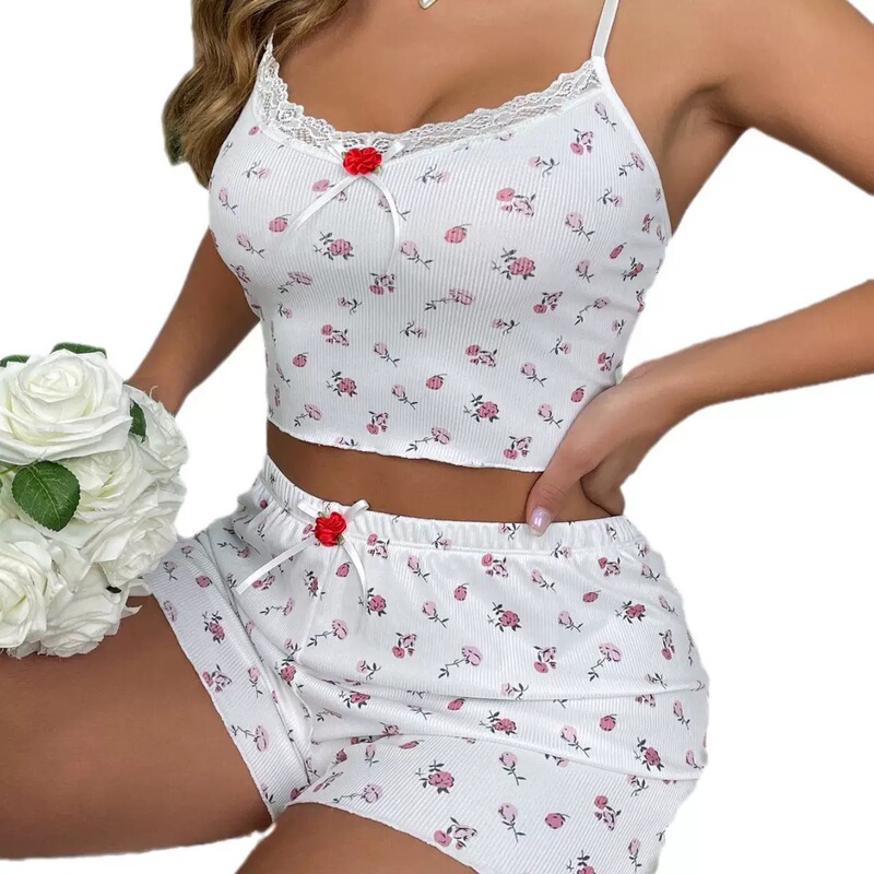 Cross-Border New Plus-Size Loungewear Pajamas, Sexy Floral Print Ribbed Slim-Fit Bowknot Camisole Pajama Shorts