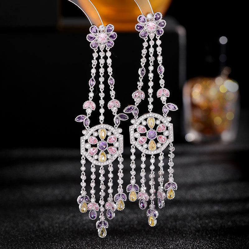 Long earrings with zircon drop-shaped