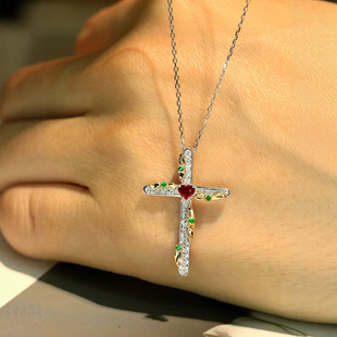 18K South African Diamond Inlaid Natural Colored Gemstone Pendant Cross Charm Light Luxury Niche Fashion Color Factory Wholesale
