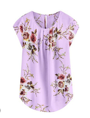 Cross-border 2025 camisa de cuello redondo casual de mujer flor de pliegue delgada venta rápida TONGWISH impresión camisa de manga corta image 7