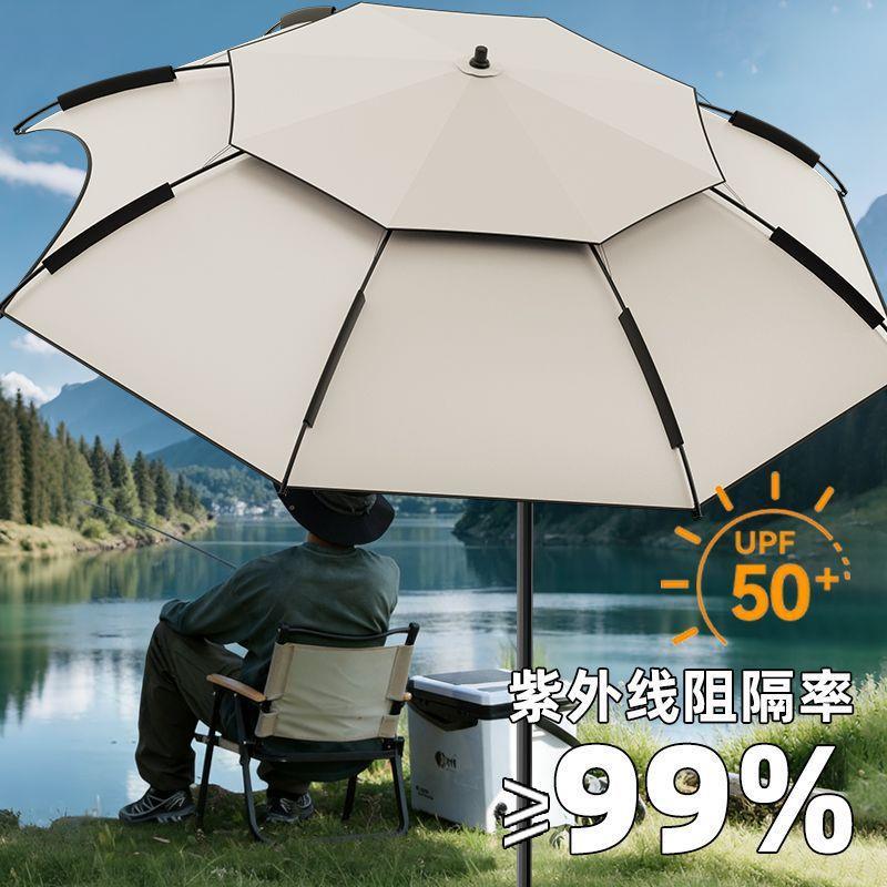 Large outdoor fishing umbrella with a black, straight pole, featuring a universal design, thickened material, and offering sun and rain protection for fishing