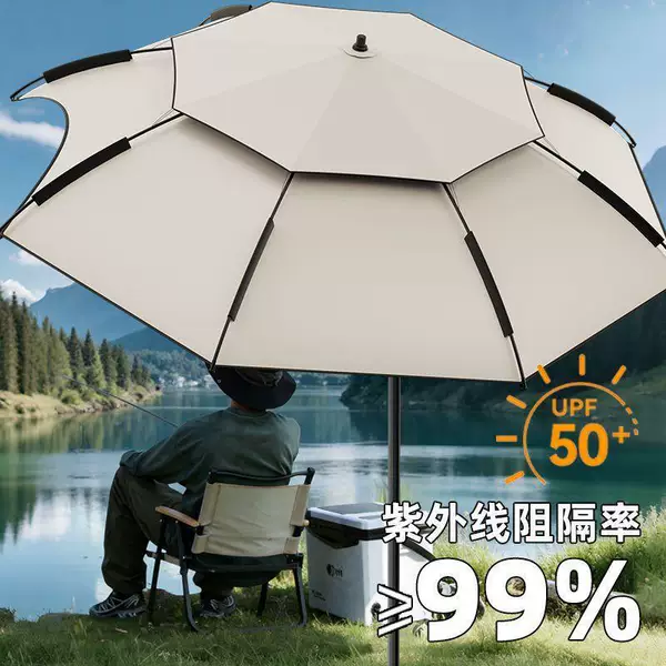Large outdoor fishing umbrella with a black, straight pole, featuring a universal design, thickened material, and offering sun and rain protection for fishing