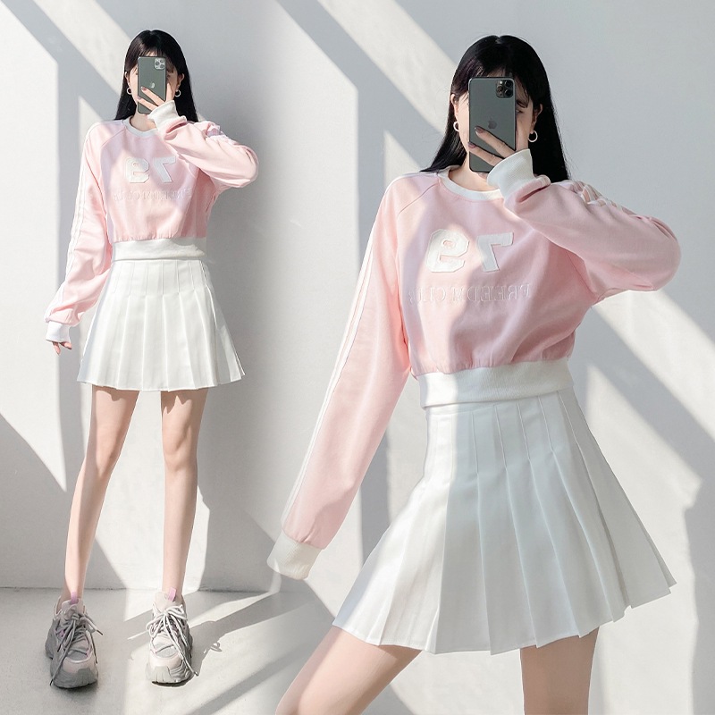 Korean Style New Lazy Style Sweet Round Neck Letter Print Mid-Length Loose Sweatshirt Pleated Skirt Short Skirt Two-Piece Set