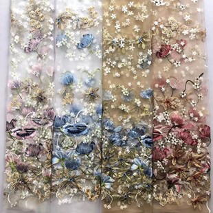High-end multi-color mesh embroidery cloth foreign trade European and American heavy industry dress wedding dress lace lotus embroidery fabric