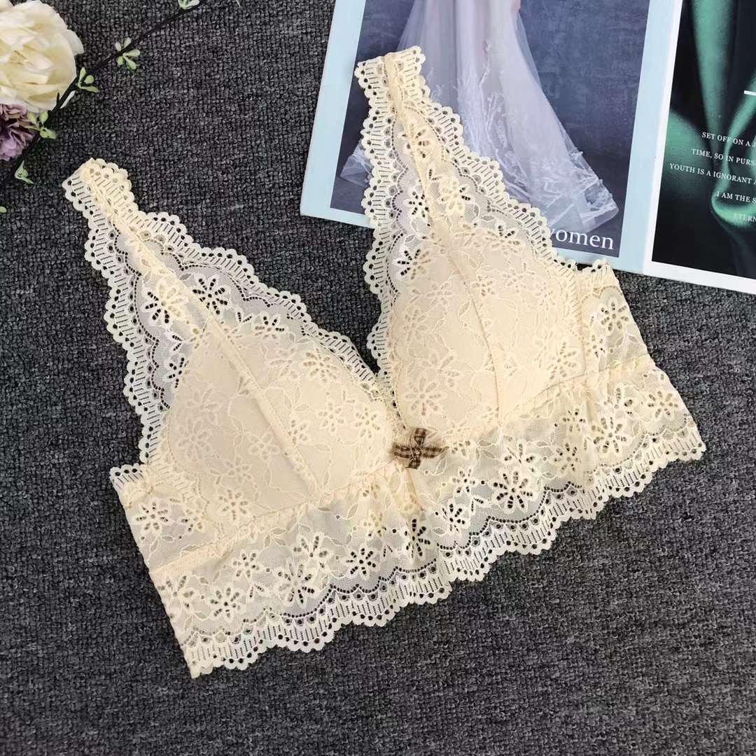 Bra de encaje del sudeste asiático, ropa interior de mujer, bra de copa triangular francesa, verano sin anillo de acero, copa delgada, algodón sexy y cómodo para la piel