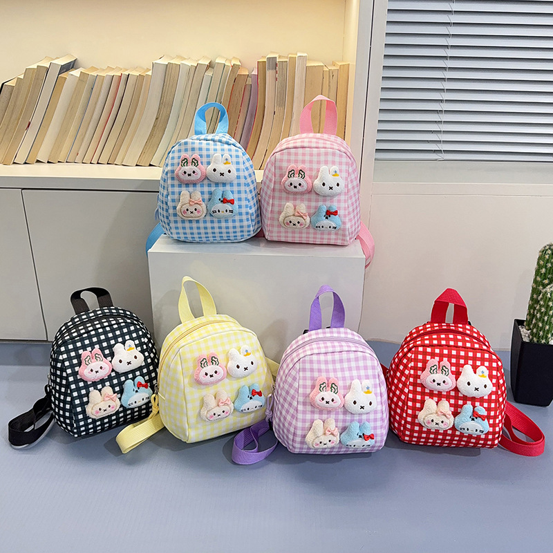 New plaid cute bunny children's backpack cartoon lightweight backpack for boys and girls kindergarten school bag gift